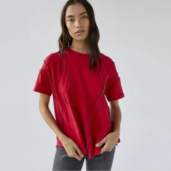 NWT Urban Outfitters BDG Vic Spliced Short Sleeve Tee in Red - Picture 1 of 6